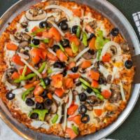Guinevere'S Garden Delight® (Small - 6 Slices) · 170 - 250 cal / sliceTomatoes, mushrooms, green peppers, onions and black olives on zesty re...