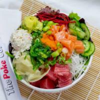 Poke Bowl (Large) · Your choice of 5 proteins, dressing, toppings, and garnish.