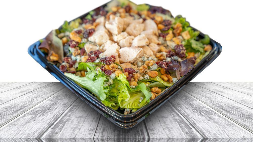 Hempful Greens Balsamic Chicken Salad · Premium grilled chicken breast, mixed greens, basil, gorgonzola cheese, glazed cranberry walnuts and balsamic dressing