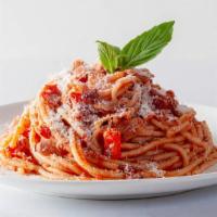 Santa Maria Spaghetti · Italian Sausage, Red Onion, Peppadew, Garlic, Spaghetti & Pink Sauce.