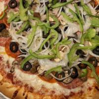 Combo Supreme · Salami, pepperoni, sausage, mushrooms, olives, sweet white onions, and crisp bell peppers.
