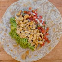 Chicken Burrito · Chicken, pico, and guacamole on a flour tortilla.