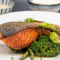 Salmon Steak · Sauteed salmon with miso beurre blanc sauce, spinach, asparagus & teriyaki sauce.