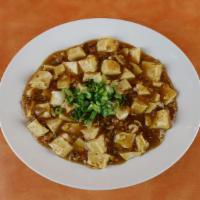 Mabo Tofu (T)/ 麻婆豆腐 · Spicy. Ground pork, tofu and green onions with spicy sauce, served with small salad, white r...