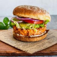 Fish Burger · Coho salmon pattie, burger bun, tartar sauce, lettuce, pickles, onion, tomato.