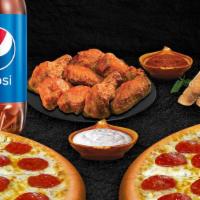 Family Special · 2 large one topping pizza, 8 wings plus ranch,  breadsticks plus sauce and one 2liter soda.