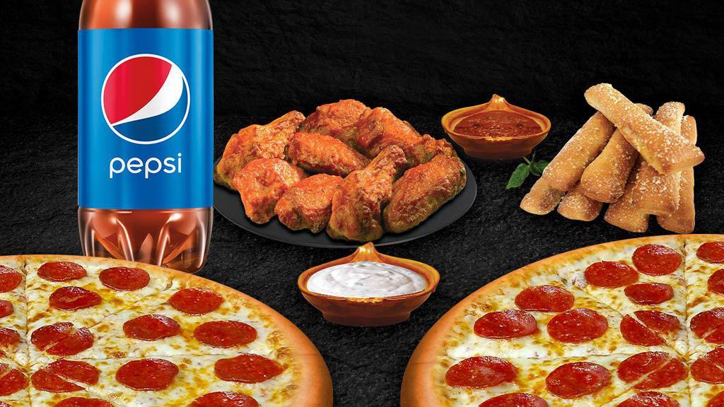 Family Special · 2 large one topping pizza, 8 wings plus ranch,  breadsticks plus sauce and one 2liter soda.
