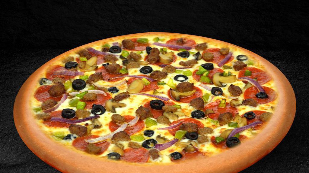 Large Piara Supreme Pizza · Pepperoni, Mushrooms, Green Pepper, Onions, Sausage, Beef, Black Olives