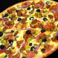 Large Thin Crust  Supreme Pizza · Pepperoni, Mushrooms, Green Pepper, Onions, Sausage, Beef, Black Olives