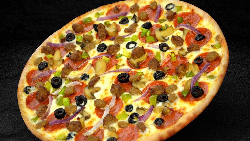 Large Thin Crust  Supreme Pizza · Pepperoni, Mushrooms, Green Pepper, Onions, Sausage, Beef, Black Olives