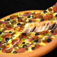 Large Stuffed Crust Supreme Pizza · Pepperoni, Mushrooms, Green Pepper, Onions, Sausage, Beef, Black Olives