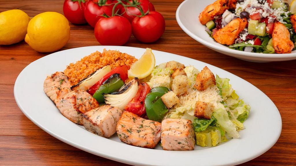 Fresh Atlantic Salmon Kabob · Seasoned Atlantic Salmon with a Skewer of Grilled Vegetables. Served with Your Choice of Two Sides.