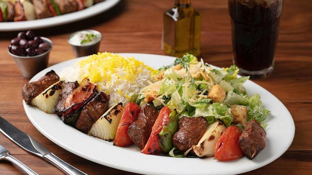 Flat Iron Steak Shish Kabob · All-Natural, ABF (Antibiotic & Hormone Free) Flat Iron Steak with a Skewer of Grilled Vegetables. Served with Your Choice of Two Sides.