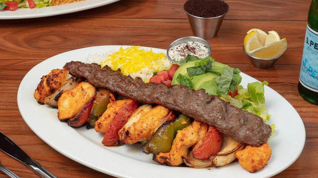 Combo Kabob · Charbroiled ABF (Antibiotic & Hormone Free) Chicken Tenders in a Skewer With Grilled Vegetables and Half Pound (1 Skewer) of Charbroiled, All-Natural, ABF (Antibiotic & Hormone Free) Seasoned Ground Beef. Served with Your Choice of Two Sides.