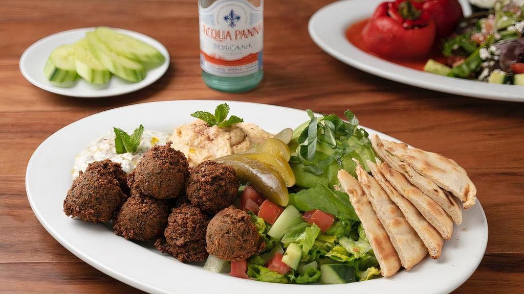 Falafel Platter · Falafel (Vegan) Made from Fresh Garbanzo Beans and Herbs. Served with Hummus, Tzatziki, Pita Bread and Pickles and your Choice of Salad.