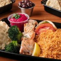 Salmon Ka-Box · Seasoned Atlantic Salmon with Grilled Vegetables, Broccoli and Pita Bread. Served with Your ...