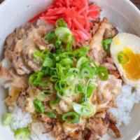 Pork Chashu Bowl Large · Juicy Tender Pork Chashu Bowl on a bed of White Rice topped with Chopped Pork Chashu, Soft B...