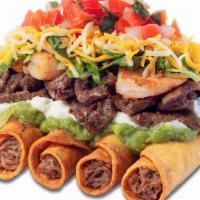 Blue'S Famous Rolled Tacos · 5 shredded beef rolled tacos, sour cream, guacamole, romaine lettuce, cheese, salsa fresca a...