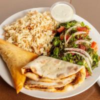 Light Plate #1 · Includes lahmajun, rice pilaf, green salad, choice of fries, cheese, boreg, or vegetable soup.