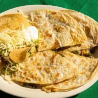Quesadilla De Rajas · Two flour tortillas filled with cheese, poblano chile strips, grilled onions, and corn. Sour...