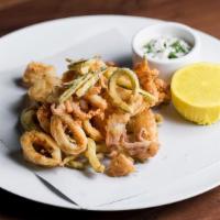 Calamari · Crispy calamari and zucchini, housemade tartar sauce, tomato sauce
