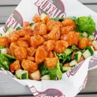 Buffalo Chicken Salad Or Wrap · Fresh romaine lettuce, tomatoes, red onions, and cucumbers topped with our delicious chicken...
