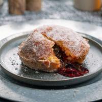 Pbj Dghnt Frnch Tst · brioche french toast deep fried doughnut filled with peanut butter and grape jelly.