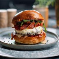 Pzz Brgr · 6oz signature burger patty, pepperoni pizza, mozzarella, tomato sauce, parmesan, basil, brio...