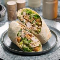 Chckn Csr Wrp · flour tortilla rolled up + stuffed with grilled free range chicken, crispy romaine, shaved P...