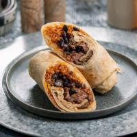 Stk Blck Bnz Wrp · flour tortilla rolled up + stuffed with steak, rice, black beans, jack cheeses, mild or hot ...
