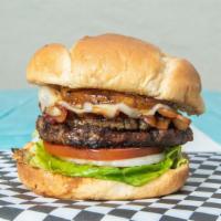 Aloha Burger · 1/3 lb seasoned fresh ground angus beef patty with grilled pineapple, bacon, Monterey jack c...