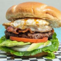 Pocket Burger · 1/3 lb seasoned fresh beef patty, avocado, fried egg, bacon, provolone cheese , our signatur...