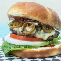 Oc Burger · 1/3 lb seasoned fresh ground angus beef patty, with jalapeño and spicy pepper jack cheese, l...