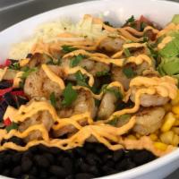 Shrimp Salad Or Bowl · Grilled shrimp, black beans, cilantro, corn, guacamole, tortilla strips, and a creamy cilant...