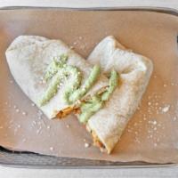 One Love Burrito · Housemade carne asada seitan, avocado cream, fries, melted 'cheddar', pico de gallo and a sm...