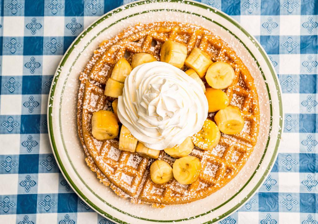 Caramel Banana Pecan · A crispy waffle topped with shaved almonds and sliced
bananas with caramel topping. 760 cal.