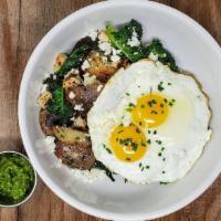 Morning Bird Bowl · 2 eggs, chicken breast, roast potato, feta, kale, pesto