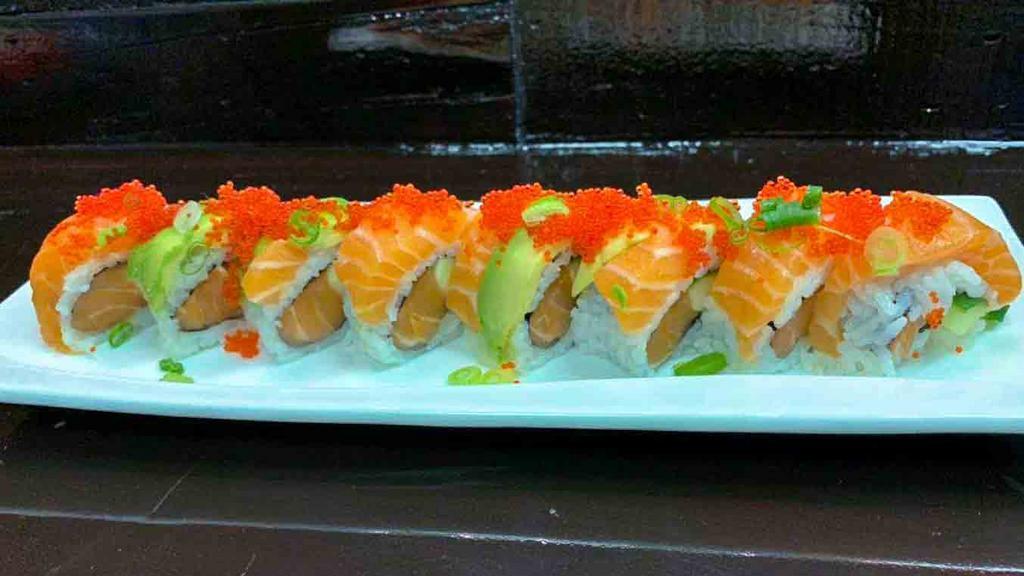 Salmon Lover Roll · Spicy. Inside spicy salmon and cucumbers. Outside salmon and avocado.