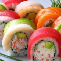 Rainbow Roll · Assorted fish on top of a California roll.