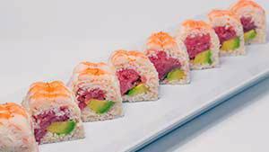 Nude Roll · Spicy. No rice. In spicy tuna, avocado wrapped with imitation crab. Out sushi ebi.