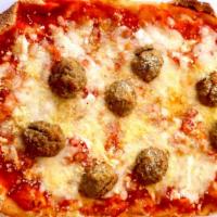 Meatball Pizza · Mozzarella, meatballs, tomato sauce, Parmesan, and extra virgin olive oil.