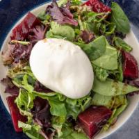 Burrata E Bietole · Buttery mozzarella, balsamic roasted red beets over baby mixed greens.