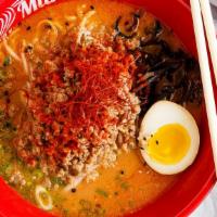 Habanero Miso Ramen · Miso pork broth with minced pork, soft boiled egg, house habanero sauce, bean sprout, green ...