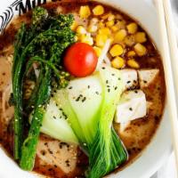 Yasai Ramen · Creamy mushroom & ginger broth with black garlic oil, organic tofu, broccolini, corn, bean s...