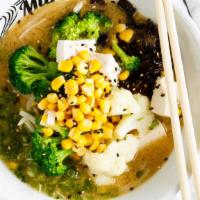 Veggie Ramen · Miso broth with organic tofu, broccoli, cauliflower, corn, bean sprout, and wood ear mushroom.