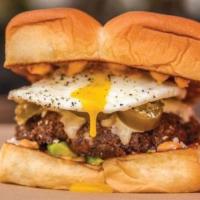 Little Mule Burger · White American cheese, avocado, pickled jalapenos, cotija cheese, fried egg, and chipotle ai...