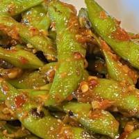 Spicy Garlic Edamame · Sautéed edamame with garlic, red pepper powder, and house-made sweet soy.