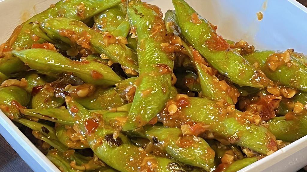 Spicy Garlic Edamame · Sautéed edamame with garlic, red pepper powder, and house-made sweet soy.
