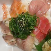 Chirashi · Assorted sashimi on a bed of sushi rice. Served with miso soup.