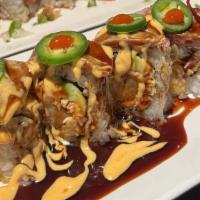 Strong Cowboy Roll · In: deep fried shrimp, imitation crabmeat, avocado. Out: seaweed, seared beef, spicy mayo, e...
